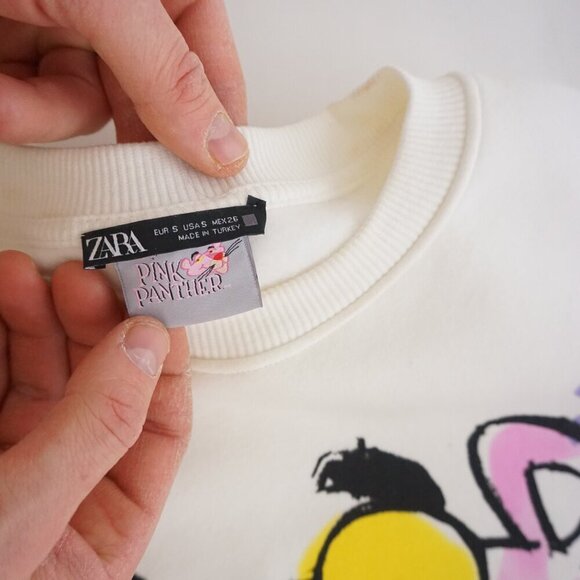 Zara Pink Panther Collab White Pink Paint Splatter Crewneck Sweater S - Picture 11 of 12